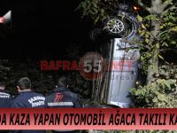 BAFRA’DA KAZA YAPAN OTOMOBİL AĞACA TAKILI KALDI !!!