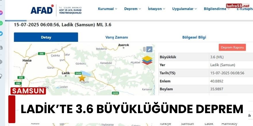 Ladik’te 3.6 Büyüklüğünde Deprem!