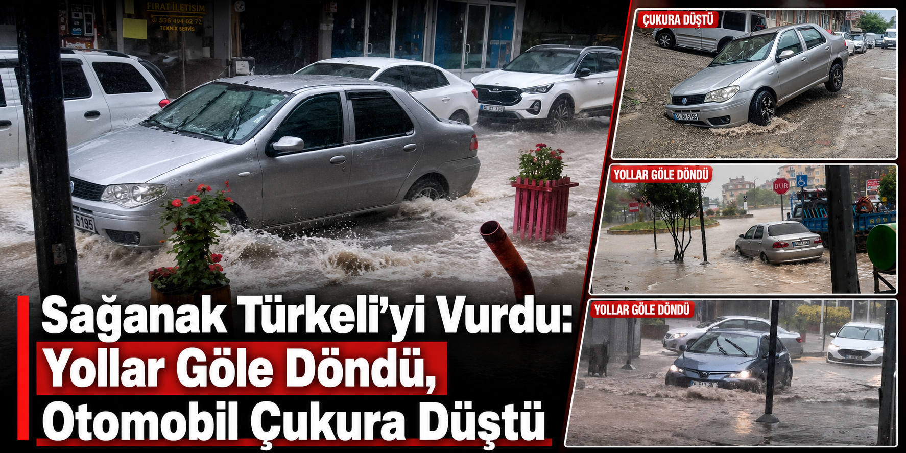 Sağanak Türkeli’yi Vurdu: Yollar Göle Döndü, Otomobil Çukura Düştü
