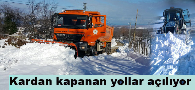 Alaçam'da ve Yakakent'de kardan kapanan yollar açılıyor