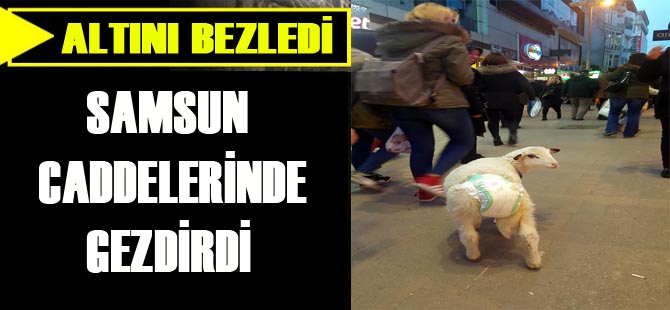 Altını bezlediği kuzuyla caddede dolaştı