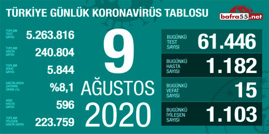 9 Ağustos 2020 Koronavirüs Tablosu