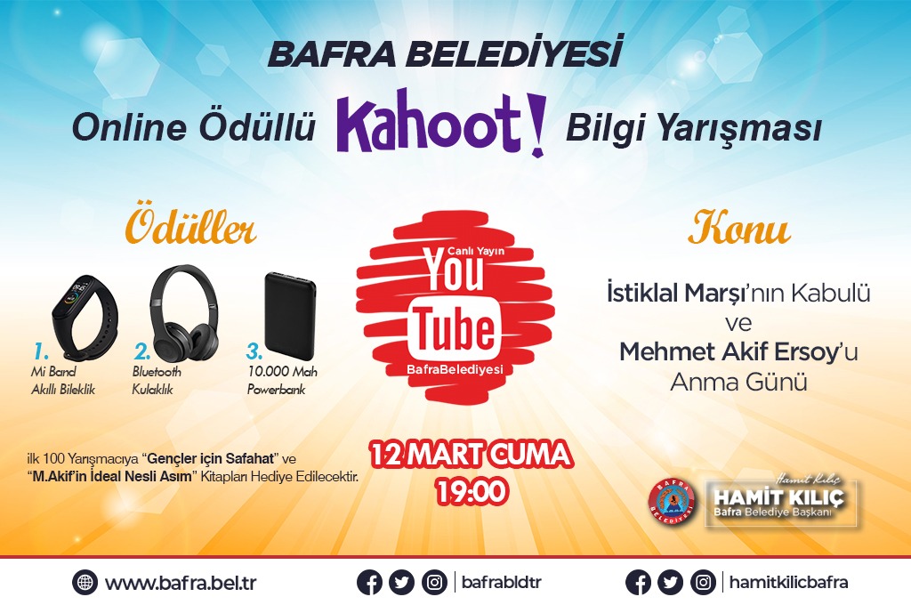 BAFRA BELEDİYESİ'NDEN GENEL KÜLTÜR TEMALI ÖDÜLLÜ ONLİNE BİLGİ YARIŞMASI