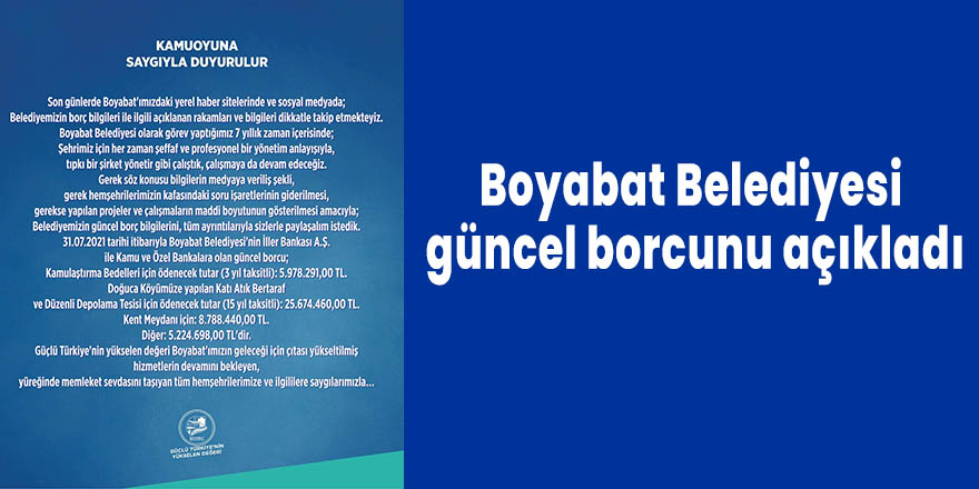 Boyabat Belediyesi güncel borcunu açıkladı