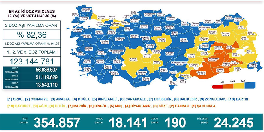 En çok aşılama yapılan ilk 10 il arasında Karadeniz’den 4 il bulunuyor