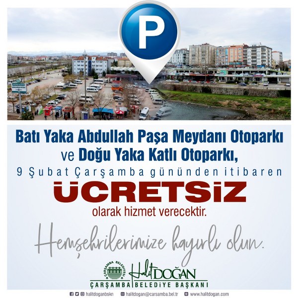 Çarşamba Belediyesi’nden ücretsiz otopark hizmeti