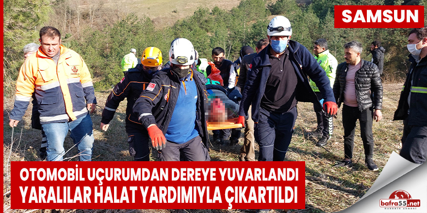 Uçurumdan dereye yuvarlanan otomobildeki yaralılar halat yardımıyla çıkartıldı