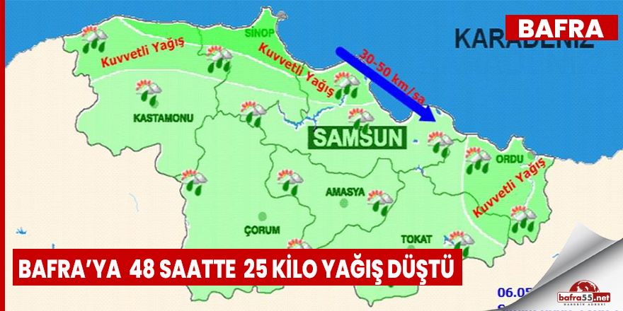 Bafra’ya  48 saatte 25 kilo yağış düştü