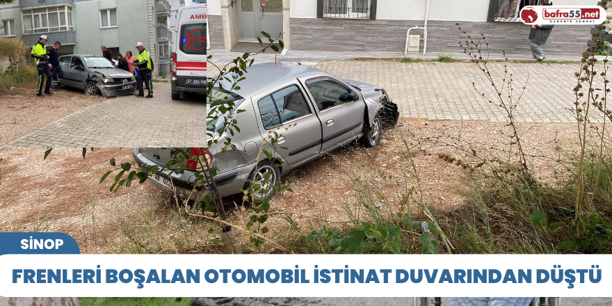 Frenleri boşalan otomobil istinat duvarından düştü