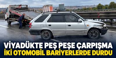 Viyadükte Peş Peşe Çarpışma İki Otomobil Bariyerlerde Durdu