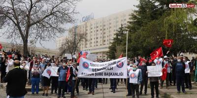 Sağlık çalışanları talepleri için rektörlüğe yürüdü