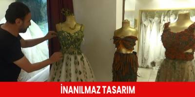 Ağaç yapraklarından gelinlik tasarladı