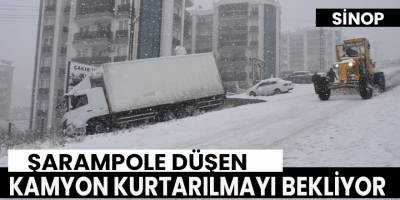 Şarampole düşen kamyon kurtarılmayı bekliyor