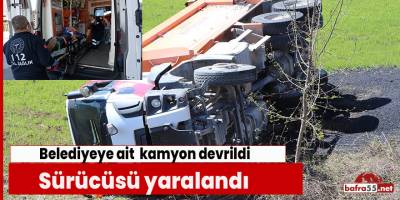 Belediyeye ait  kamyon devrildi
