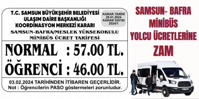 Samsun - Bafra Minibüs yolcu ücretlerine zam
